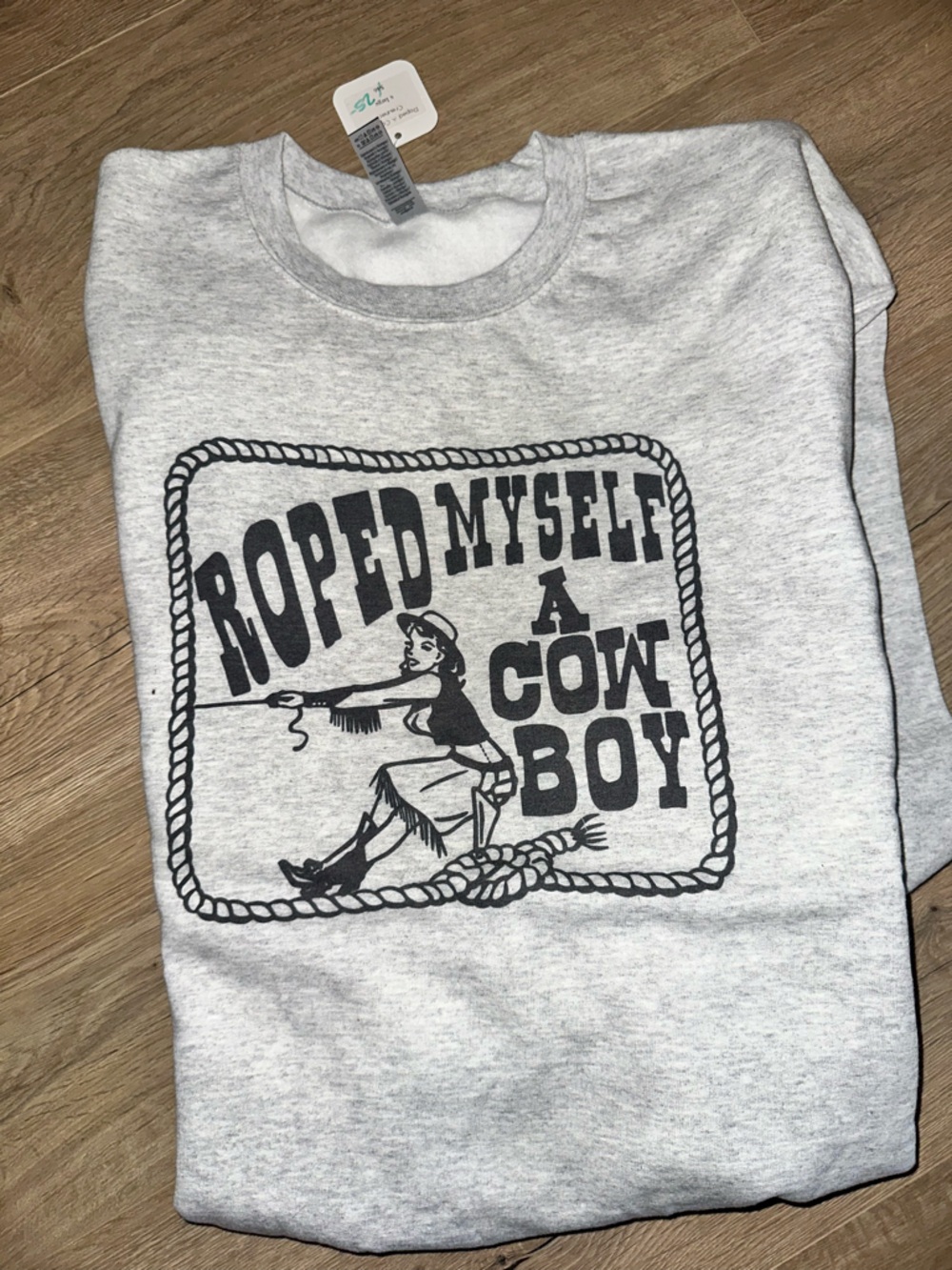 Gildan Light Gray Graphic Sweatshirt "Roped Myself A Cowboy"